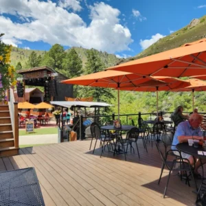 Outdoor Dining overlooking the Poudre River at The Mishawaka on Hwy 14 Poudre Canyon Scenic Byway near Livermore & Red Feather Lakes, Colorado