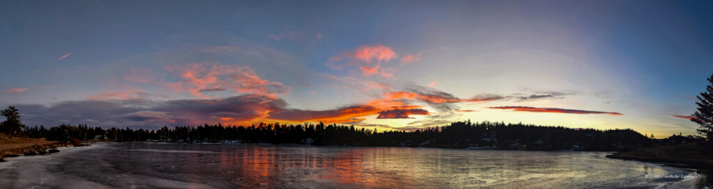 Ramona Lake at Sunset in winter from Downtown Red Feather Lakes, Colorado