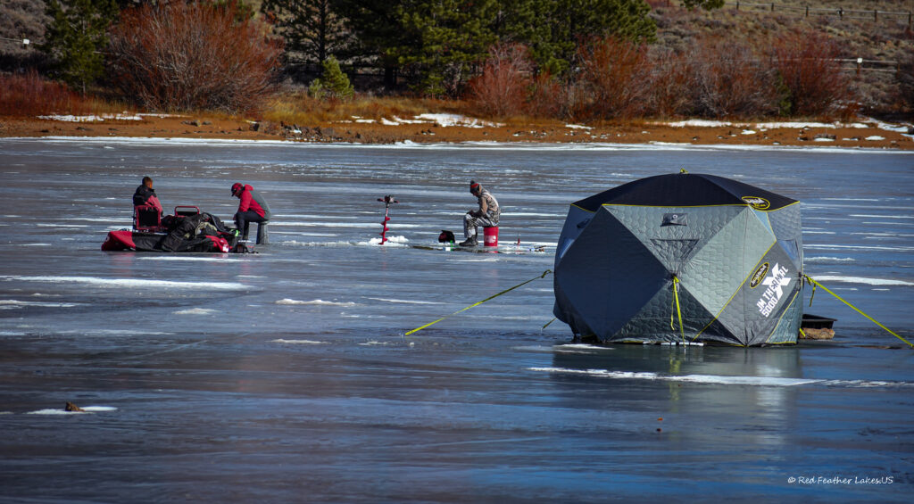 Ice fishing at West Lake State Park in Red Feather Lakes, Colorado