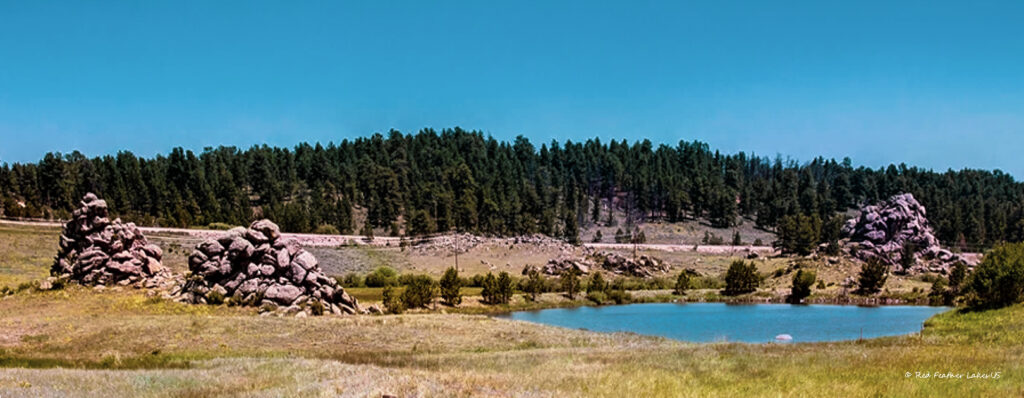 A private stocked fishing lake near the cabin rental at Phantom Lake Ranch