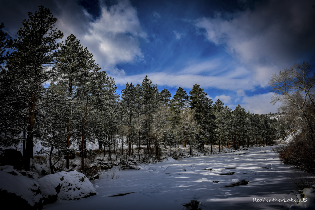 Sunlight dapples a frozen Cache La Poudre River in the Poudre Canyon along Colorado Highway 14