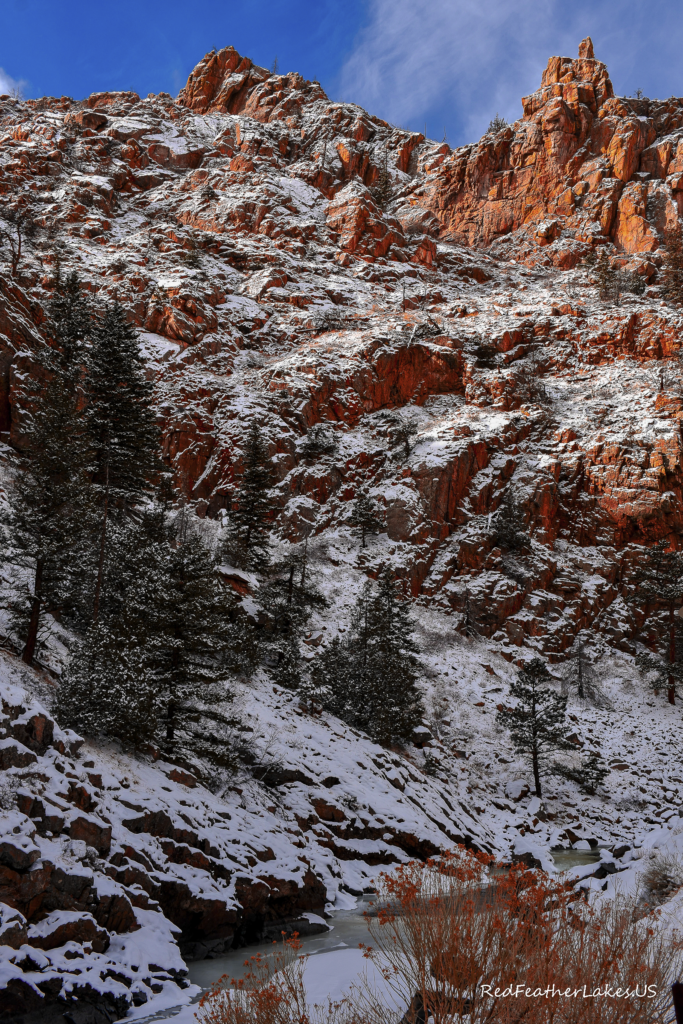 Red Granite Cliffs Highlight Deep Blue Skies along Cache La Poudre Scenic Byway