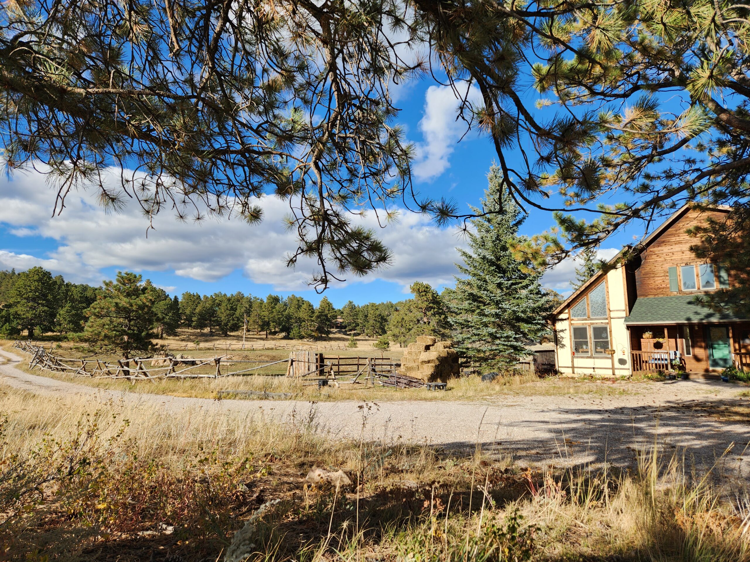 Ranch house with trees and blue sky.