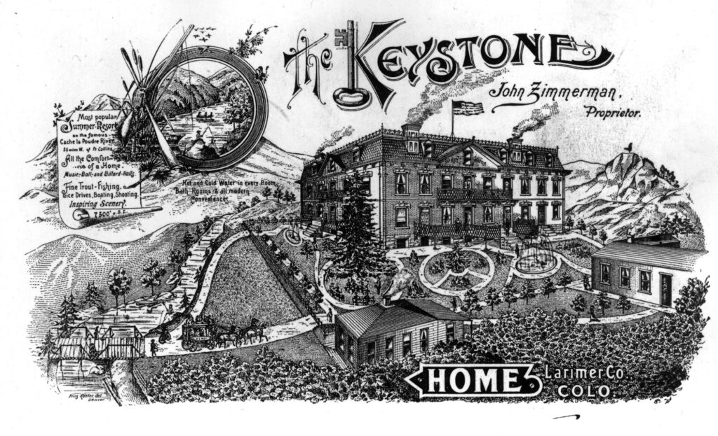 Vintage illustration of The Keystone resort circa 1900, Larimer County Colorado