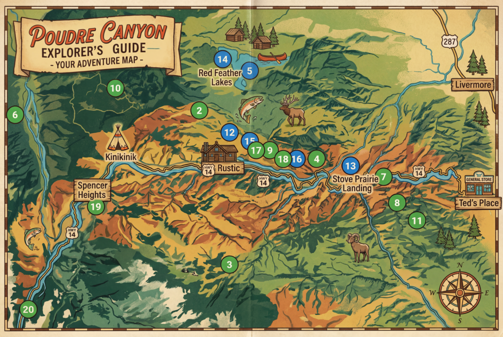 Colorful adventure map of Poudre Canyon & Red Feather Lakes showing campground locations.