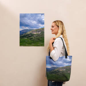 Woman with mountain landscape tote bag and wall art