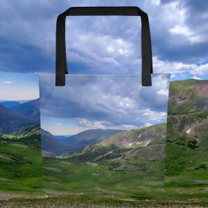 Black Colorado High Country printed tote bag, 15 by 15 inches, shown flat