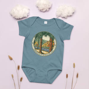 Blue baby onesie with wilderness graphic design