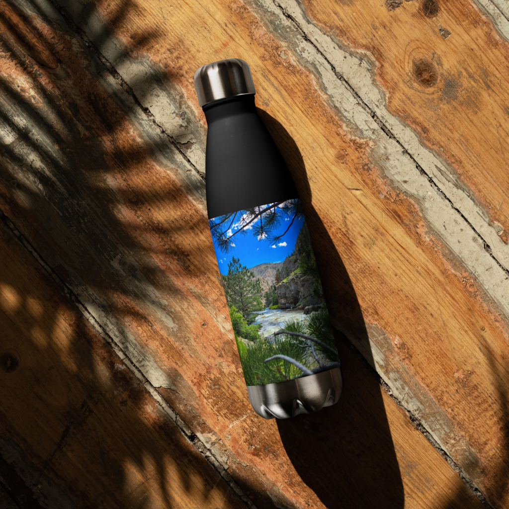 stainless-steel-water-bottle-black-17-oz-front-69dc03ef6989c Black insulated bottle with mountain river landscape print