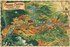 Colorful adventure map of Poudre Canyon & Red Feather Lakes showing campground locations.