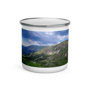 Enamel mug with panoramic mountain landscape print