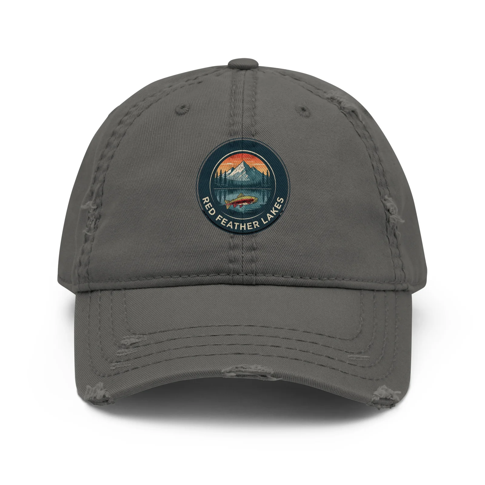 Gray distressed cap with Red Feather Lakes patch
