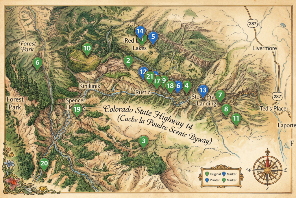 Vintage Camping Map Map of Poudre Canyon, Livermore, Bellvue and Red Feather Lakes Campgrounds