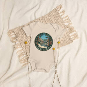 Beige baby onesie with canyon illustration design