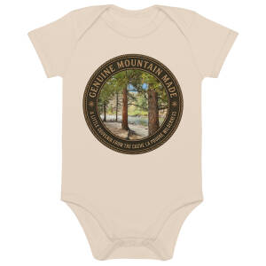 Beige baby onesie with mountain wilderness graphic
