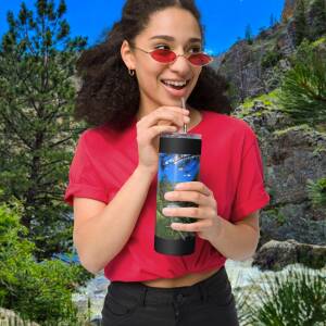 Black Stainless steel tumbler with Poudre Canyon Pines Print, front view