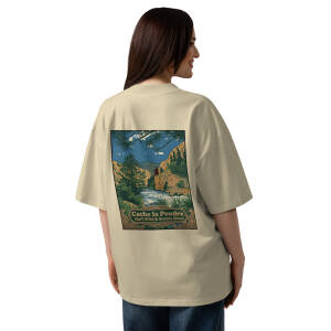 Woman wearing Cache la Poudre river graphic T-shirt