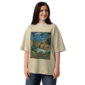 Woman wearing Cache la Poudre graphic T-shirt