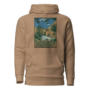 Tan hoodie with scenic river graphic design