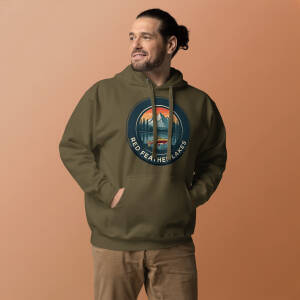 Man wearing green Red Feather Lakes hoodie