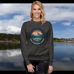 Charcoal heather Rainbow Trout Crewneck Sweatshirt — Red Feather Lakes, front view