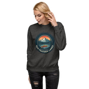 Woman wearing Red Feather Lakes graphic sweatshirt
