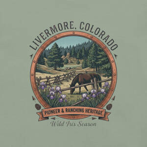 Illustrated Livermore Colorado ranch scene with grazing horse