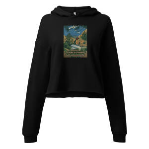 Black cropped hoodie with scenic river graphic