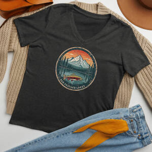 Vintage mountain lake graphic V-neck T-shirt