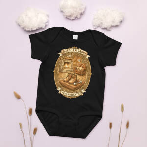 Black baby onesie with rustic cabin graphic