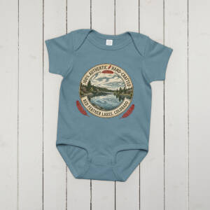 Blue baby onesie with Colorado lake graphic