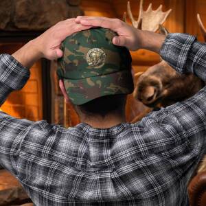 Green camo Untamed But Highly Civilized Moose Dad Hat — Red Feather Lakes, front view