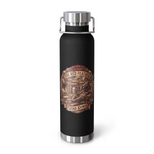 Black insulated bottle with moose cabin artwork