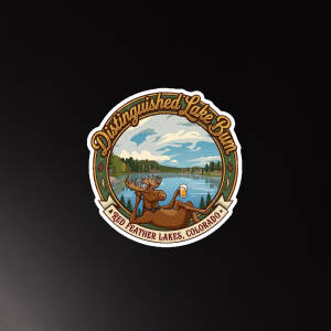 Moose relaxing with beer by mountain lake badge