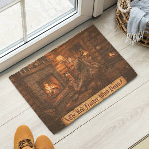 Rustic cabin scene doormat by glass door