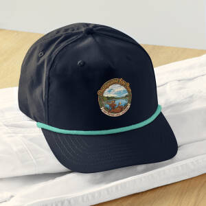 Navy baseball cap with lake-themed embroidered patch
