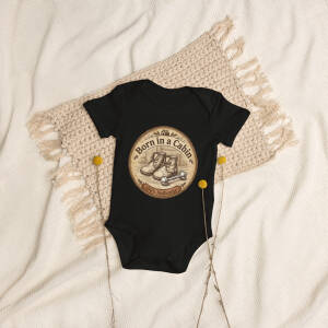 Black baby onesie with rustic cabin graphic