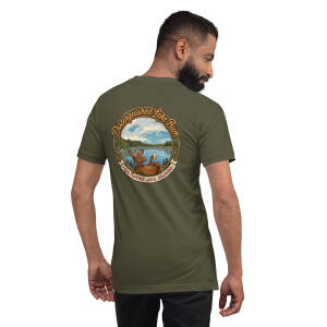 Man wearing moose lake graphic T-shirt