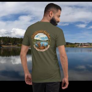Military green Red Feather Lakes | Distinguished Lake Bum Unisex T-Shirt, back view