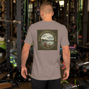 Man wearing lake-themed graphic T-shirt in gym