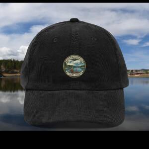 Corduroy cap black Distinguished Lake Bum Colorado Vintage corduroy cap, front view