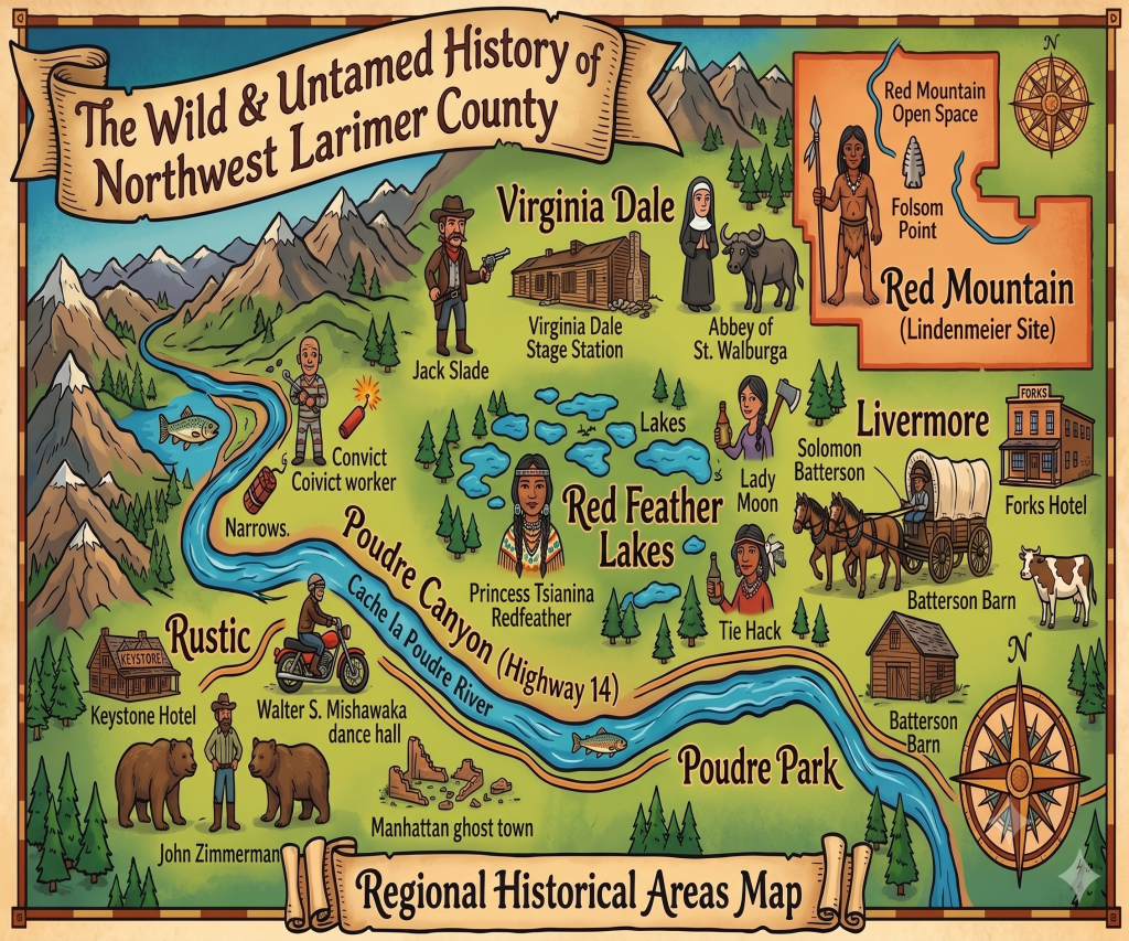 Illustrated map of the Wild West history road trip route through northwest Larimer County, Colorado