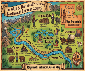 Illustrated map of the Wild West history road trip route through northwest Larimer County, Colorado