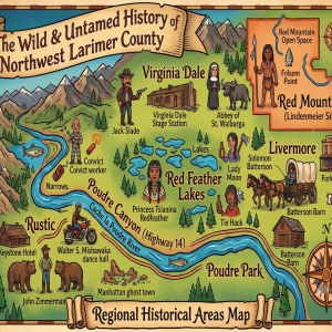 Illustrated map of the Wild West history road trip route through northwest Larimer County, Colorado