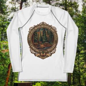 White Camping on the Poudre — Women's Rash Guard (Not All Who Wander), front view