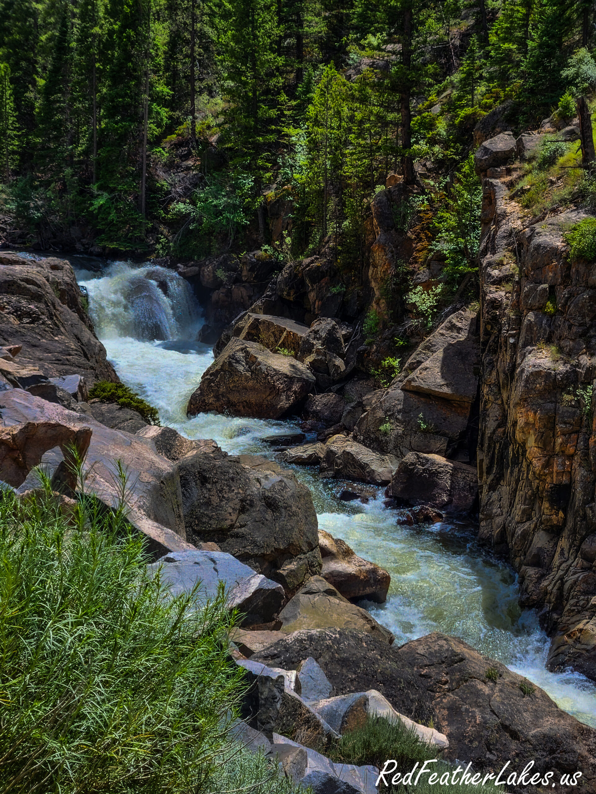Whitewater cascading through the rocks of the Cache la Poudre River along the scenic byway