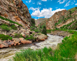 Red canyon walls, green spring grass, and the Cache la Poudre River along the byway