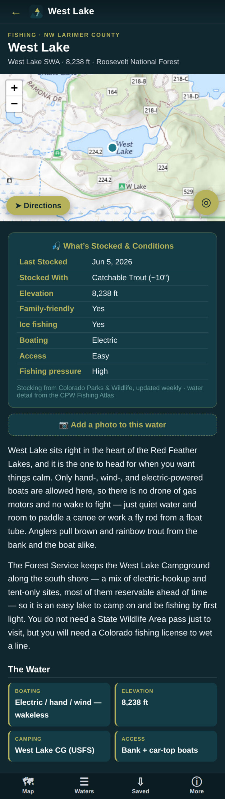 West Lake detail in the Larimer Wilds Fishing app showing last stocked date, map, and conditions