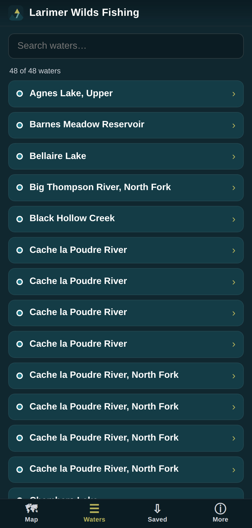 Searchable list of fishing waters in the Larimer Wilds Fishing app