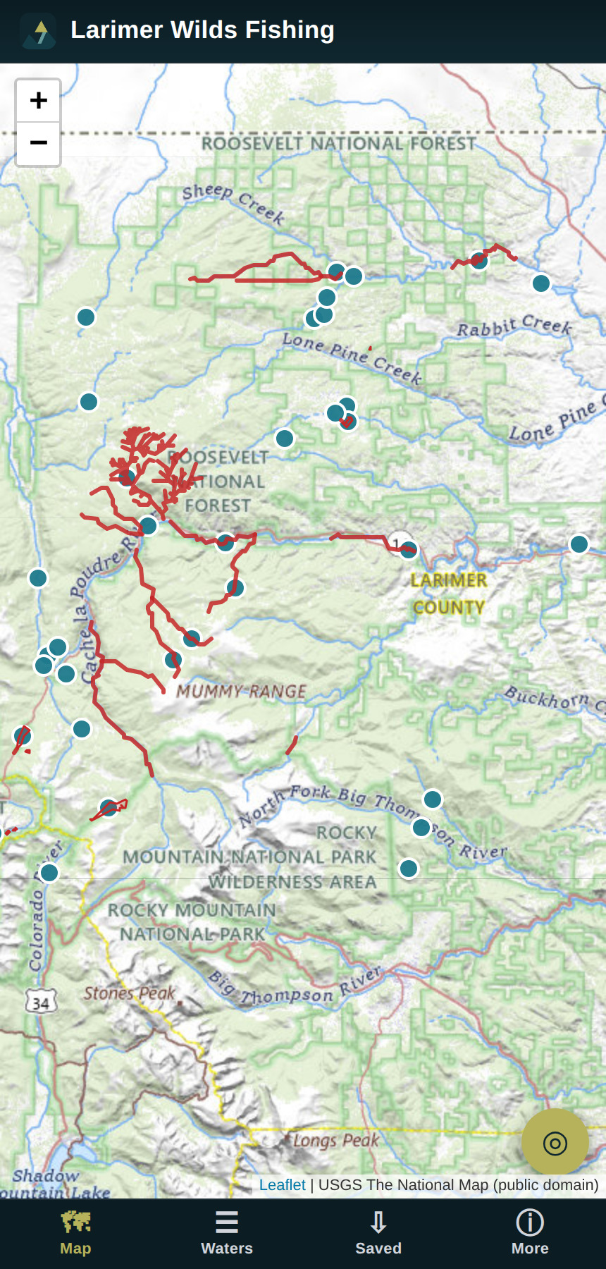 Larimer Wilds Fishing app showing the full map of fishing waters across Northwest Larimer County, Colorado